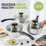 6 Pcs Stainless Steel Cookware Saucepan Set Pan Pot Kitchen Cooking Glass Lid