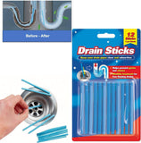 12 Pack Drain Sticks Drain Cleaner Odour Hair Remover Sink Bath Shower Kitchen