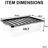 32L PLASTIC STORAGE BOX UNDERBED BLACK LID STRONG DURABLE HOME OFFICE STACKABLE