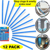 12 Pack Drain Sticks Drain Cleaner Odour Hair Remover Sink Bath Shower Kitchen