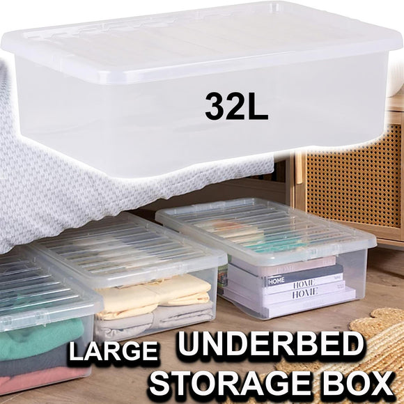 32L PLASTIC CLEAR LID STORAGE BOX UNDERBED STRONG DURABLE HOME OFFICE STACKABLE