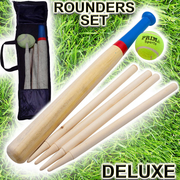 6 Pcs Wooden Rounders Set Deluxe Baseball Bat Tennis Ball Carry Bag Garden Game