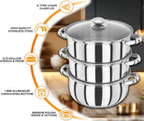 25cm 3 TIER STAINLESS STEEL STEAMER POT PAN COOKER SET GLASS LID Cook Kitchen