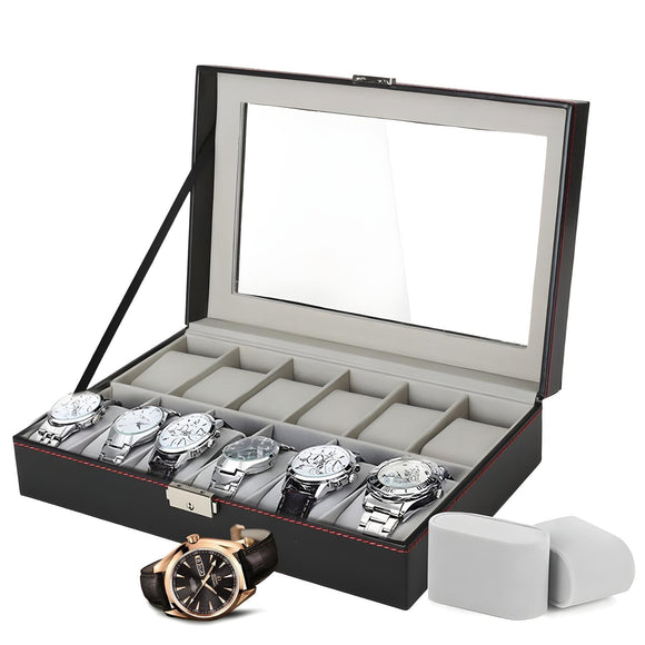 Watch Display Case Jewellery Collection Storage Holder Leather Box 12 Grids Key