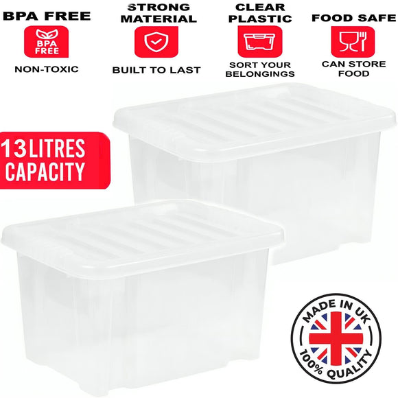 2x 13L Plastic Storage Boxes Clear Container Home Office Kitchen Stackable Box