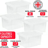 4x 13L Plastic Storage Boxes Clear Container Home Office Kitchen Stackable Box
