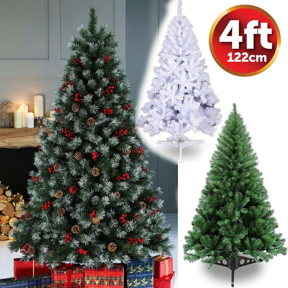 4ft Deluxe Christmas Tree Artificial With LED Lights White Pine Red Berry Cone Stand