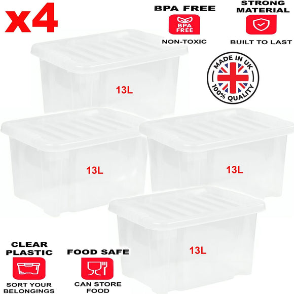 4x 13L Plastic Storage Boxes Clear Container Home Office Kitchen Stackable Box