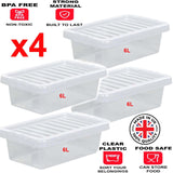 4x 6L Plastic Storage Boxes Lid Handles Food Container Home Kitchen Office Box