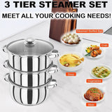 25cm 3 TIER STAINLESS STEEL STEAMER POT PAN COOKER SET GLASS LID Cook Kitchen