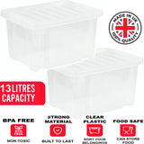 2x 13L Plastic Storage Boxes Clear Container Home Office Kitchen Stackable Box