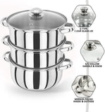 25cm 3 TIER STAINLESS STEEL STEAMER POT PAN COOKER SET GLASS LID Cook Kitchen