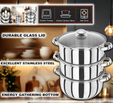 25cm 3 TIER STAINLESS STEEL STEAMER POT PAN COOKER SET GLASS LID Cook Kitchen