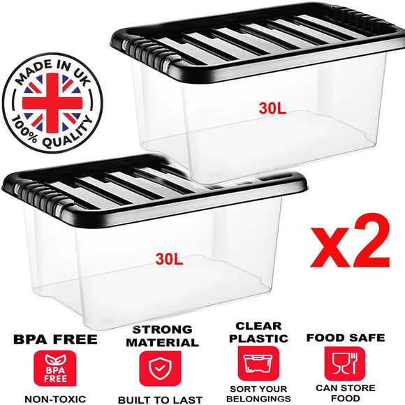 2x Plastic Storage Boxes 30L Clear Box Container Home Office Kitchen Stackable