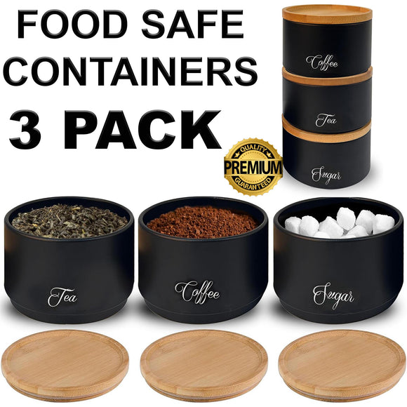 3x Round Metal Tea Coffee Sugar Storage Set Airtight Kitchen Canister Jars Pots