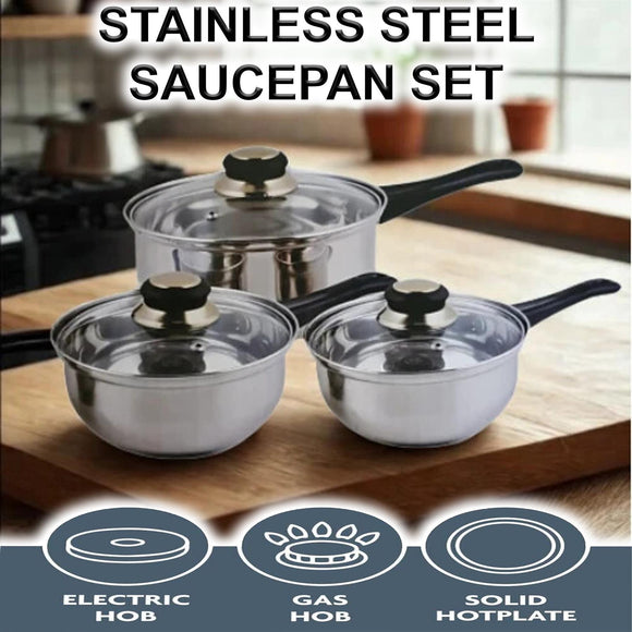 6 Pcs Stainless Steel Cookware Saucepan Set Pan Pot Kitchen Cooking Glass Lid