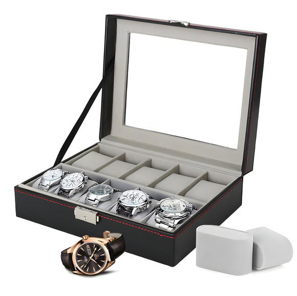 🔥Watch Display Case Jewellery Collection Storage Holder Leather Box 10 Grids Key