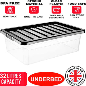 32L PLASTIC STORAGE BOX UNDERBED BLACK LID STRONG DURABLE HOME OFFICE STACKABLE
