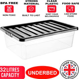 32L PLASTIC STORAGE BOX UNDERBED BLACK LID STRONG DURABLE HOME OFFICE STACKABLE
