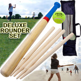 6 Pcs Wooden Rounders Set Deluxe Baseball Bat Tennis Ball Carry Bag Garden Game