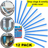 12 Pack Drain Sticks Drain Cleaner Odour Hair Remover Sink Bath Shower Kitchen