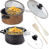 🔥24cm 9" Non Stick Chip Pan Fryer Deep Fry Cooking Pot Lid Basket Set Saucepan