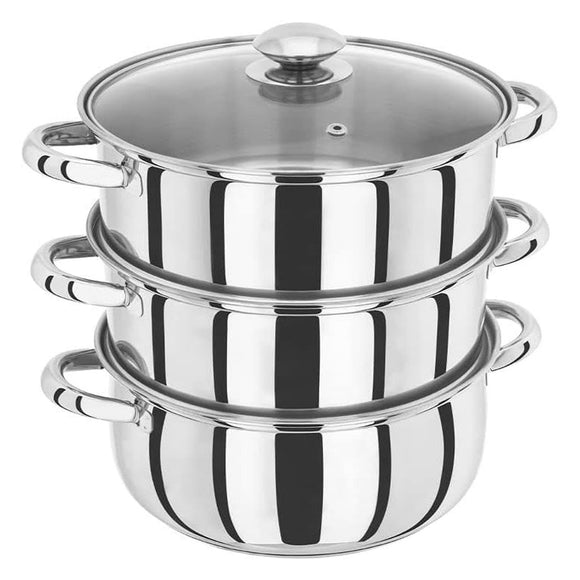 25cm 3 TIER STAINLESS STEEL STEAMER POT PAN COOKER SET GLASS LID Cook Kitchen