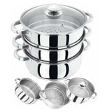 25cm 3 TIER STAINLESS STEEL STEAMER POT PAN COOKER SET GLASS LID Cook Kitchen