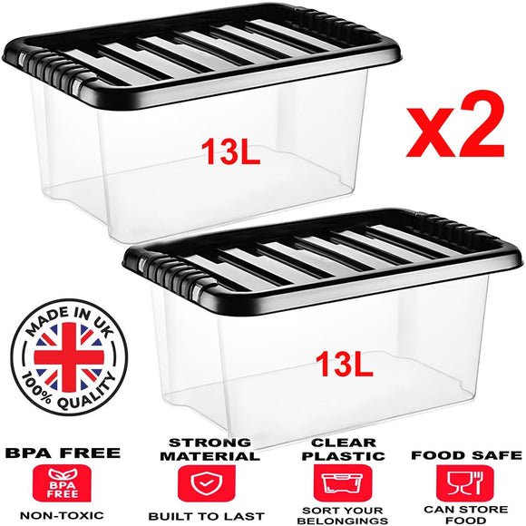 2x 13L Plastic Storage Box Boxes Lid Handles Food Container Home Kitchen Office