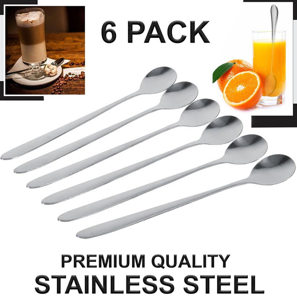 Buystarget Latte Spoons Long Handle Teaspoons Set of 6 Stainless Steel 18.6 cm Mixing Ice Cream Stirring Spoon Ideal for iced Coffee Iced Tea Milk Shake Ice Cream Sundeas Cool Drinking