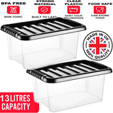 2x 13L Plastic Storage Box Boxes Lid Handles Food Container Home Kitchen Office