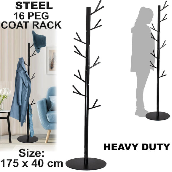 16 Hook Standing Coat Rack Premium Steel Tree Stand Clothes Hat Holder Hanger