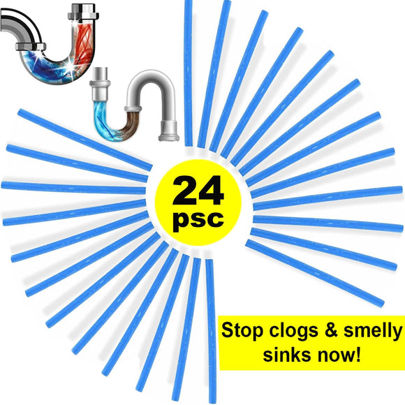 24 Pcs Drain Sticks Drain Cleaner Odour Hair Remover Sink Bath Shower Kitchen UK