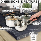 6 Pcs Stainless Steel Cookware Saucepan Set Pan Pot Kitchen Cooking Glass Lid