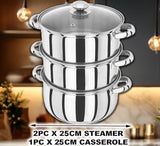 25cm 3 TIER STAINLESS STEEL STEAMER POT PAN COOKER SET GLASS LID Cook Kitchen