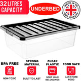 32L PLASTIC STORAGE BOX UNDERBED BLACK LID STRONG DURABLE HOME OFFICE STACKABLE