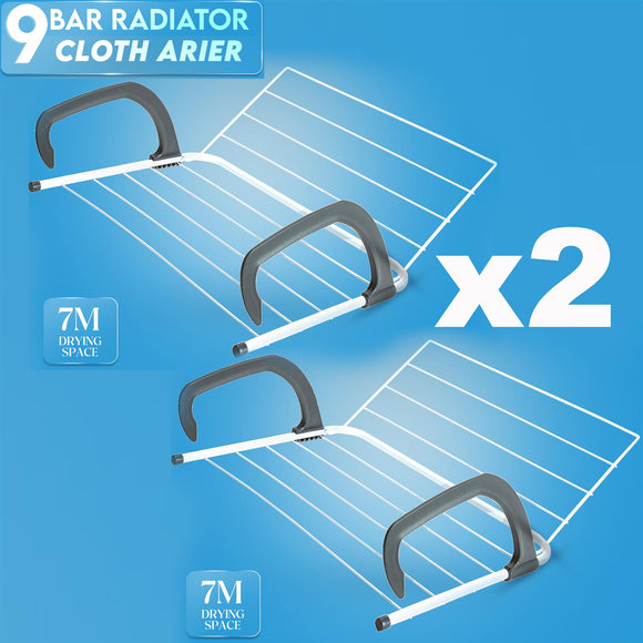 2x Radiator Airer 9 Bars Drying Rack Rail Towel Clothes Laundry Holder Folding