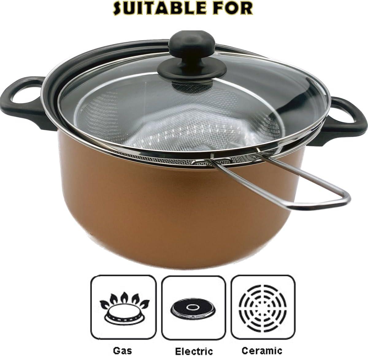 24cm Deep Fat Fryer Non Stick Chip Pan Casserole Pot Fry Frying Basket  Glass Lid