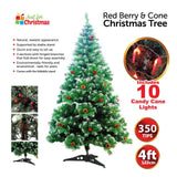 4ft Deluxe Christmas Tree Artificial  Pine Cone Red Berries With LED Lights Stand
