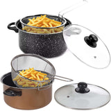 🔥24cm 9" Non Stick Chip Pan Fryer Deep Fry Cooking Pot Lid Basket Set Saucepan