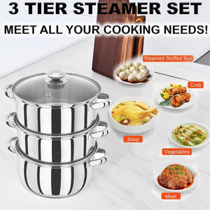 🔥3 TIER STAINLESS STEEL STEAMER POT PAN COOKER SET GLASS LID Cook Food Kitchen