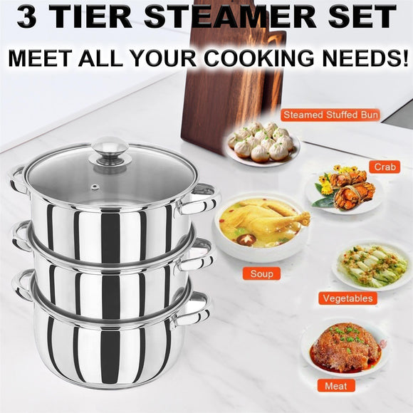 🔥3 TIER STAINLESS STEEL STEAMER POT PAN COOKER SET GLASS LID Cook Food Kitchen