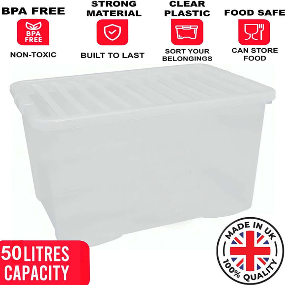 50L Plastic Storage Box Boxes Lid Handles Food Container Home Kitchen Office UK