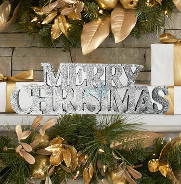 Merry Christmas Silver Glitter Sign Xmas Decorations Home Free Standing Plaque - Buystarget
