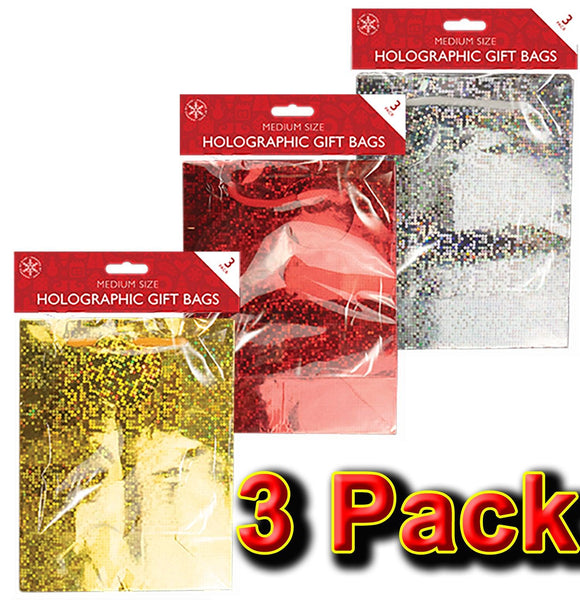 3x Gift Present Bags Christmas Holographic Shiny Party Birthday Medium Xmas UK