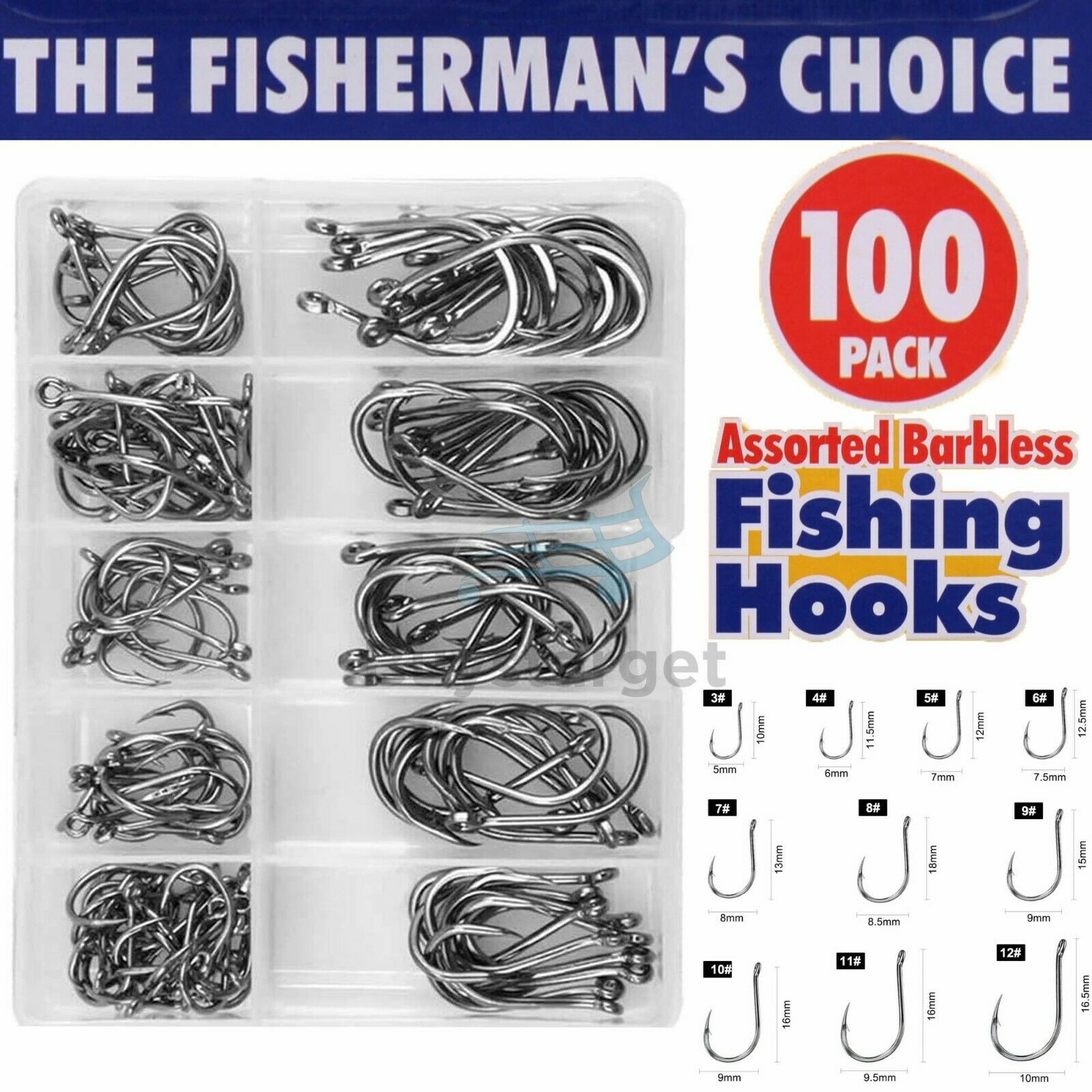 100x Fishing Hooks Barbed Eyed Coarse Fish Tackle Assorted Sizes Set C