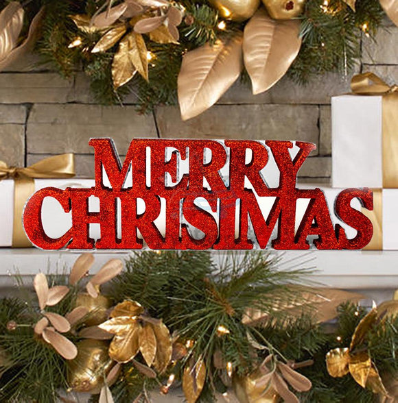 Merry Christmas Red Glitter Sign Xmas Decorations Home Free Standing Plaque UK - Buystarget