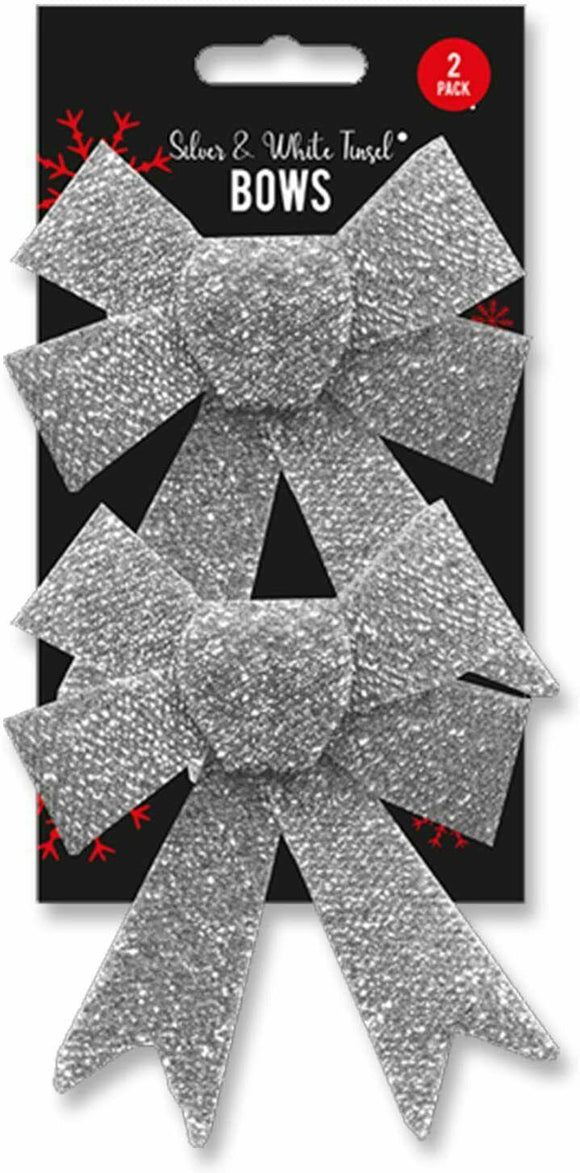 2x Large Sparkling Tinsel Silver White Bows Christmas Gift Decoration Glitter - Buystarget