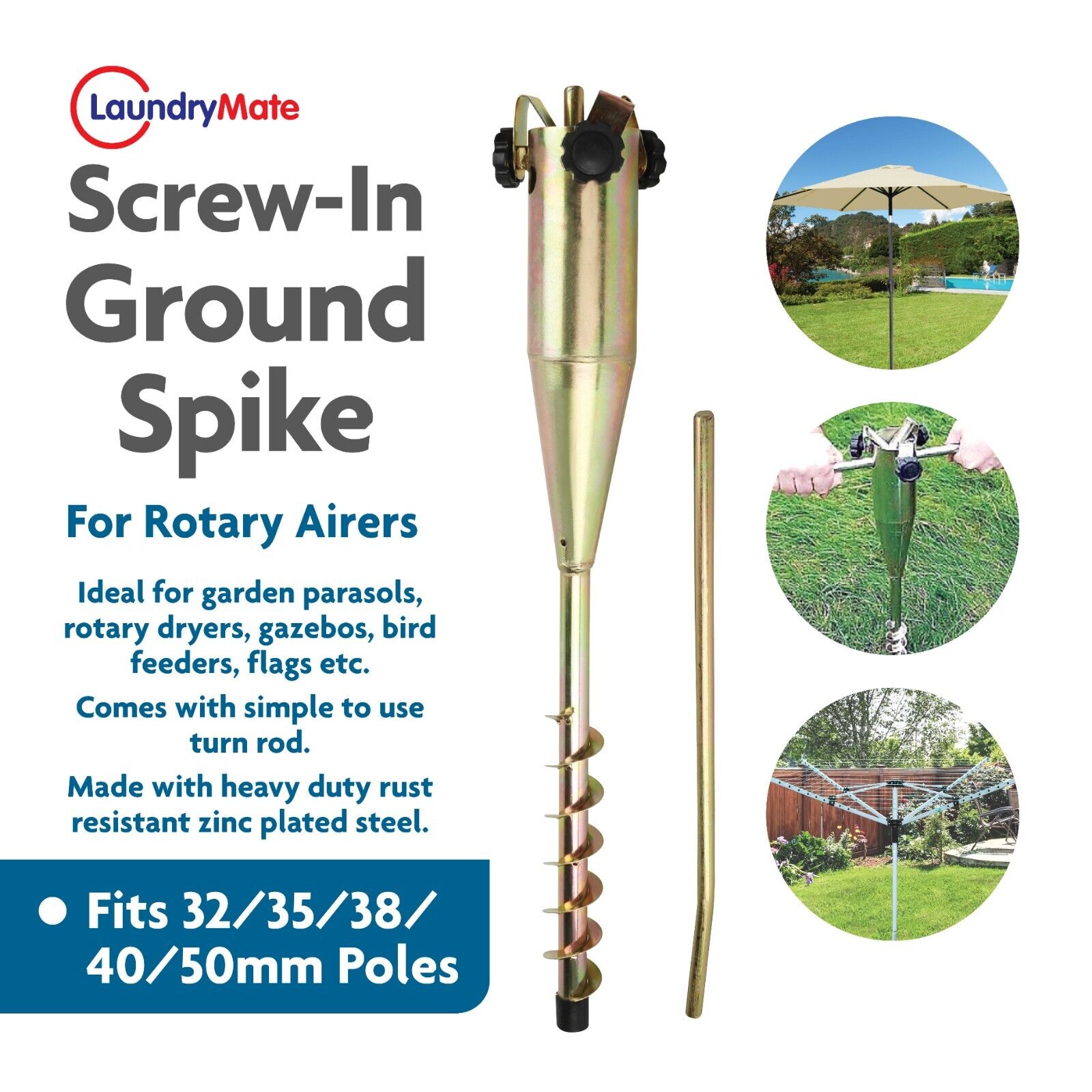 HEAVY DUTY METAL ROTARY AIRER PARASOL SPIKE GROUND SOIL WHIRLY