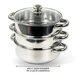 3 TIER STAINLESS STEEL 22CM STEAMER POT PAN COOKER SET GLASS LID
